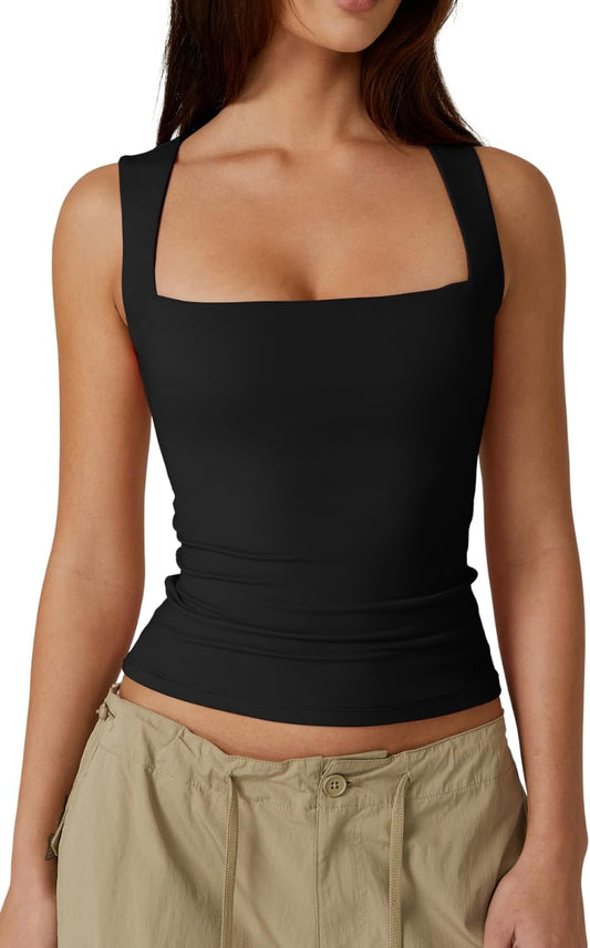 Women'S Square Neck Sleeveless Double-Layer Tank Tops Basic Tight T Shirts