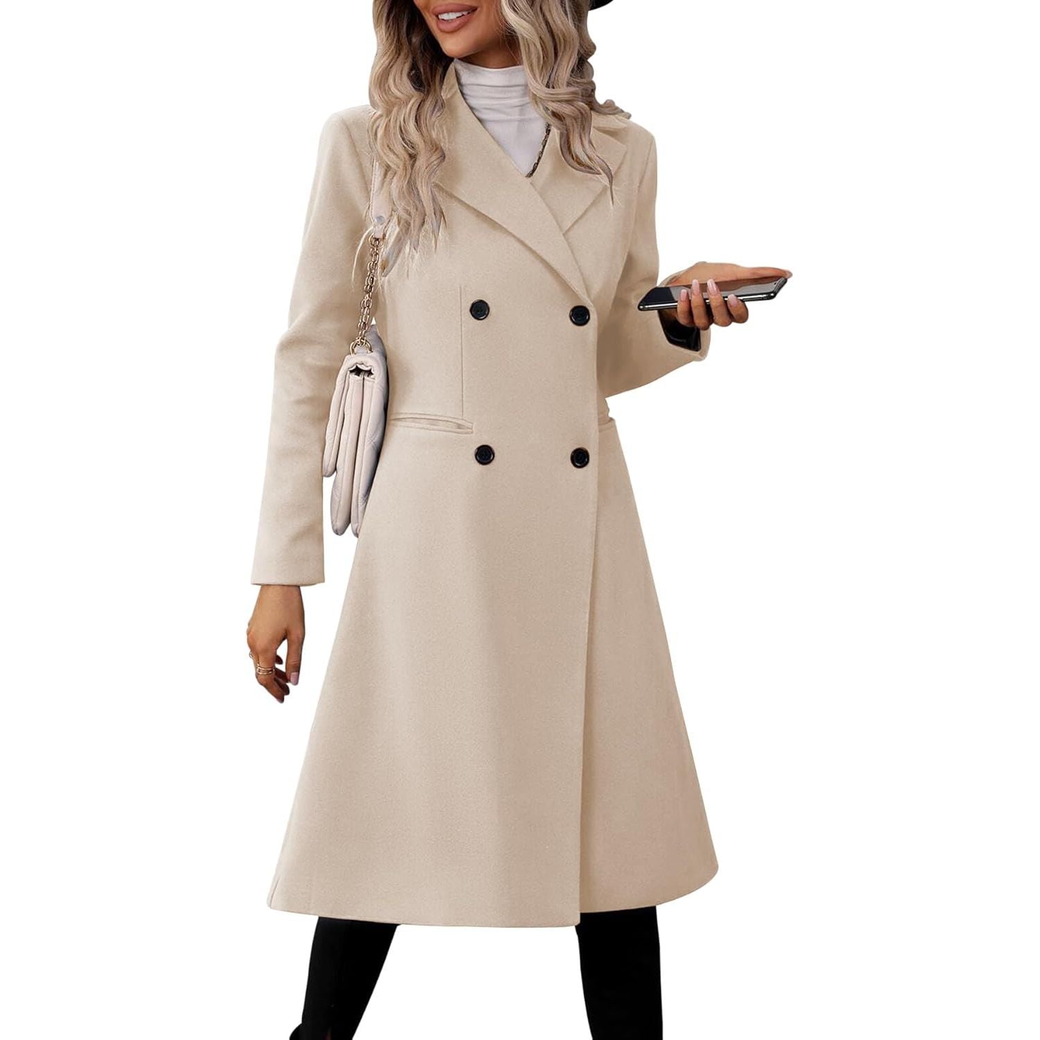 Womens Long Double Breasted Coats Lapel Collar Pea Coat Winter Slim Fit Jackets Trench Coat Outwear