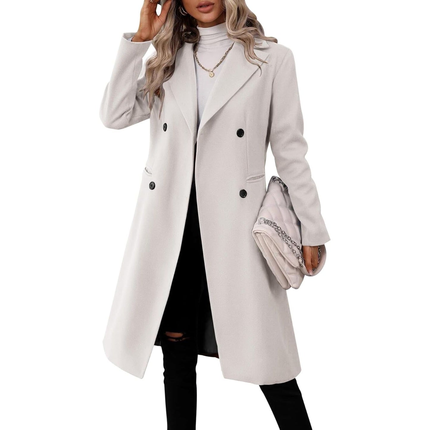 Womens Long Double Breasted Coats Lapel Collar Pea Coat Winter Slim Fit Jackets Trench Coat Outwear