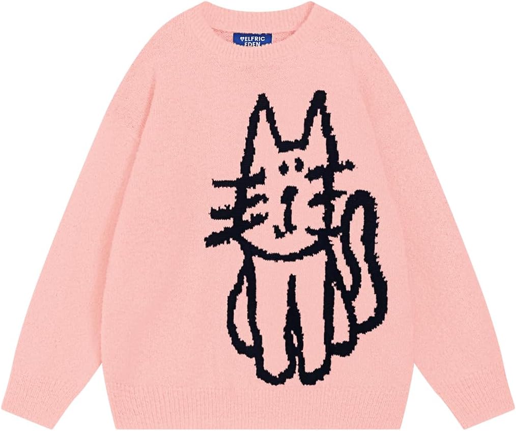 Women'S Pullover Sweater Hand Drawn Cat Graphic Printed Oversized Sweater Fall Winter Fashion Couple Tops