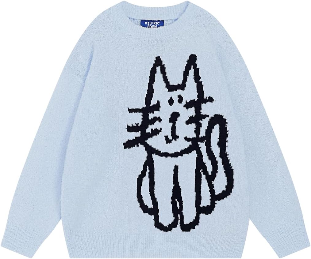 Women'S Pullover Sweater Hand Drawn Cat Graphic Printed Oversized Sweater Fall Winter Fashion Couple Tops