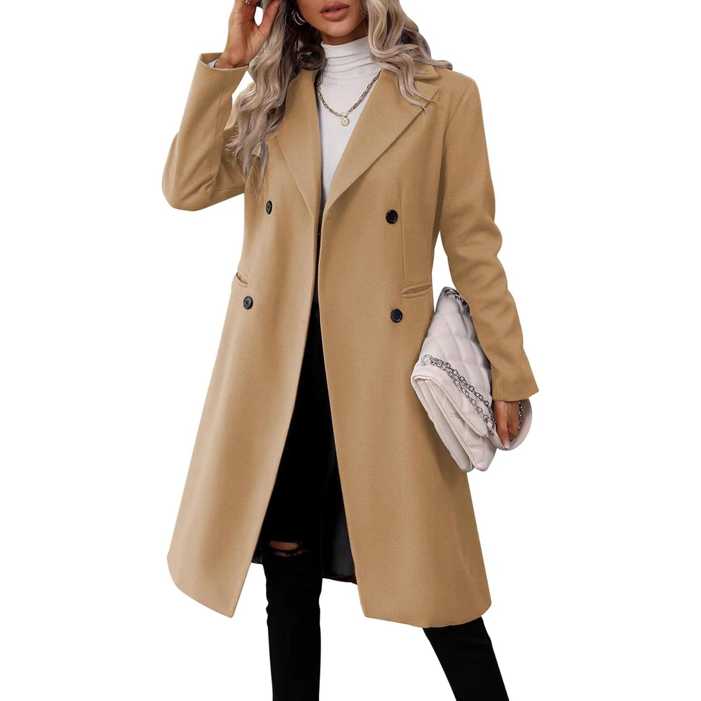 Womens Long Double Breasted Coats Lapel Collar Pea Coat Winter Slim Fit Jackets Trench Coat Outwear