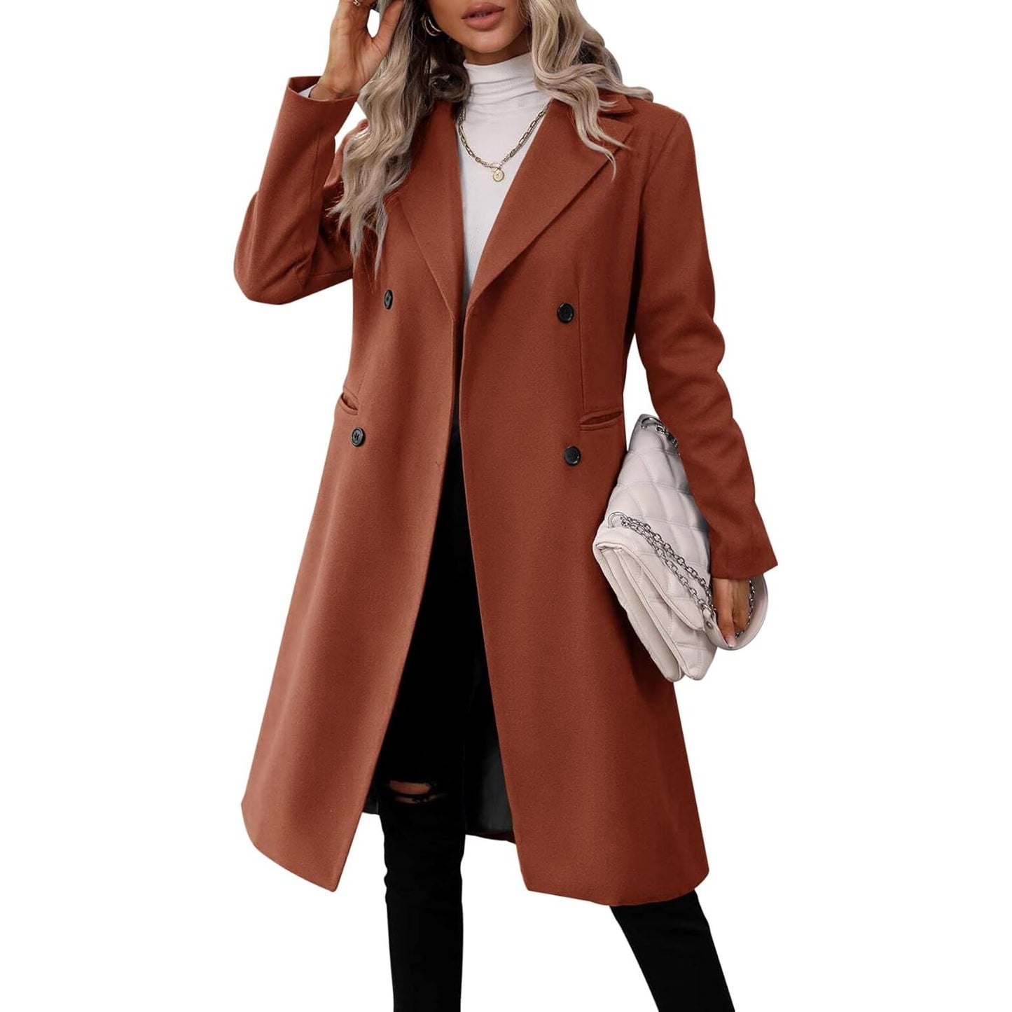 Womens Long Double Breasted Coats Lapel Collar Pea Coat Winter Slim Fit Jackets Trench Coat Outwear