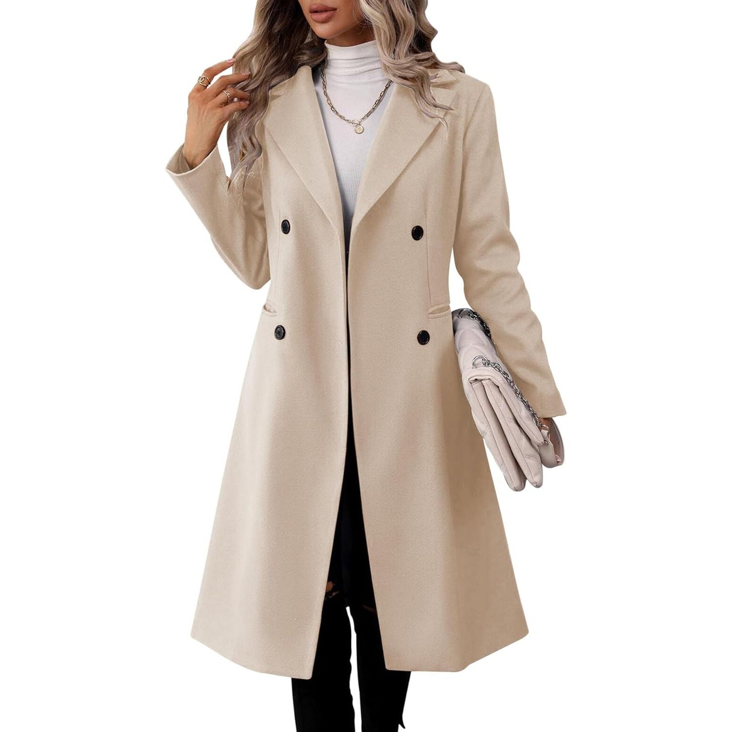 Womens Long Double Breasted Coats Lapel Collar Pea Coat Winter Slim Fit Jackets Trench Coat Outwear