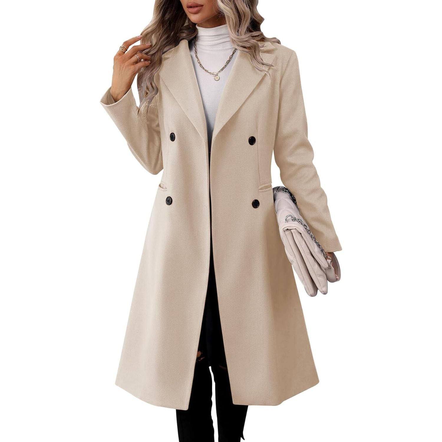 Womens Long Double Breasted Coats Lapel Collar Pea Coat Winter Slim Fit Jackets Trench Coat Outwear