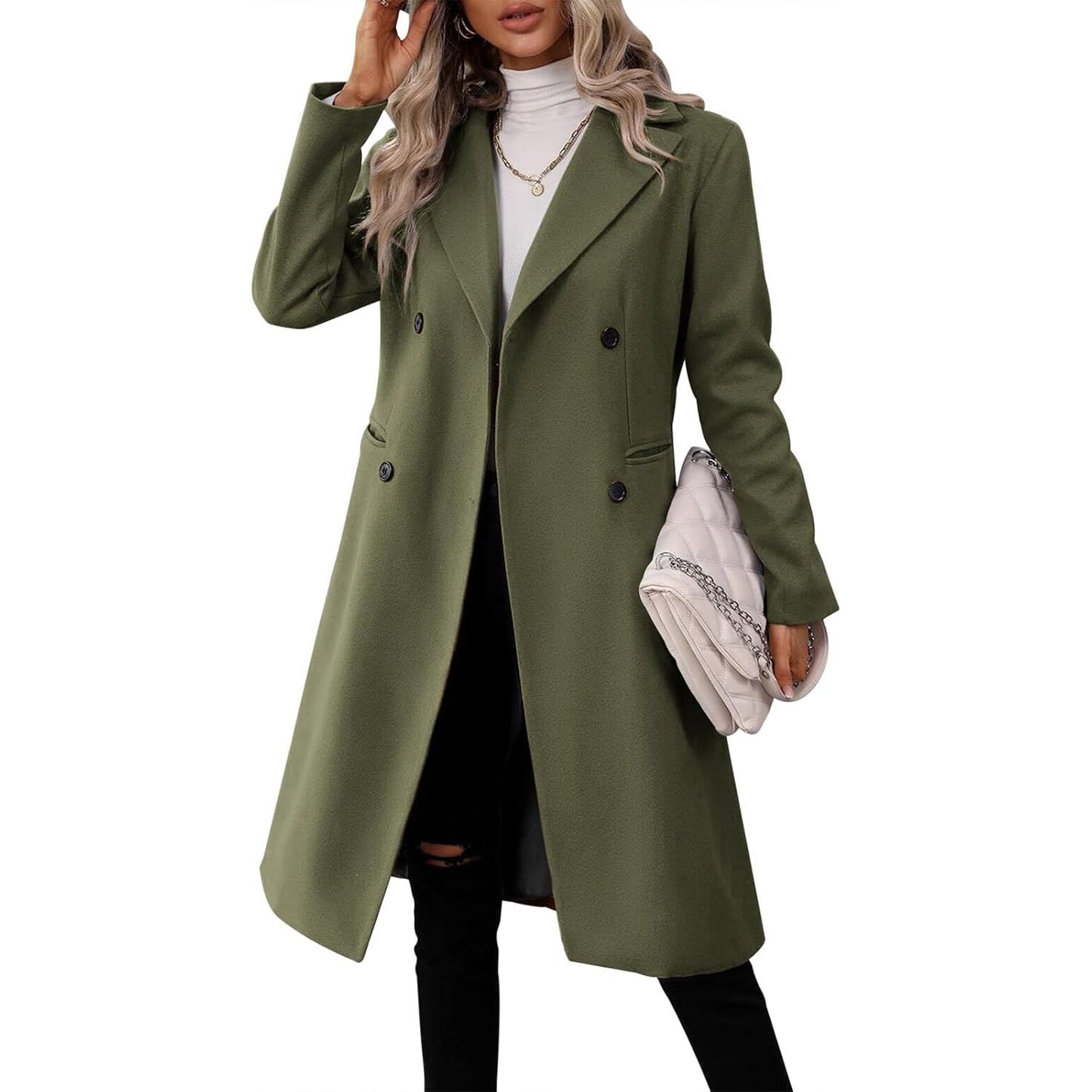 Womens Long Double Breasted Coats Lapel Collar Pea Coat Winter Slim Fit Jackets Trench Coat Outwear