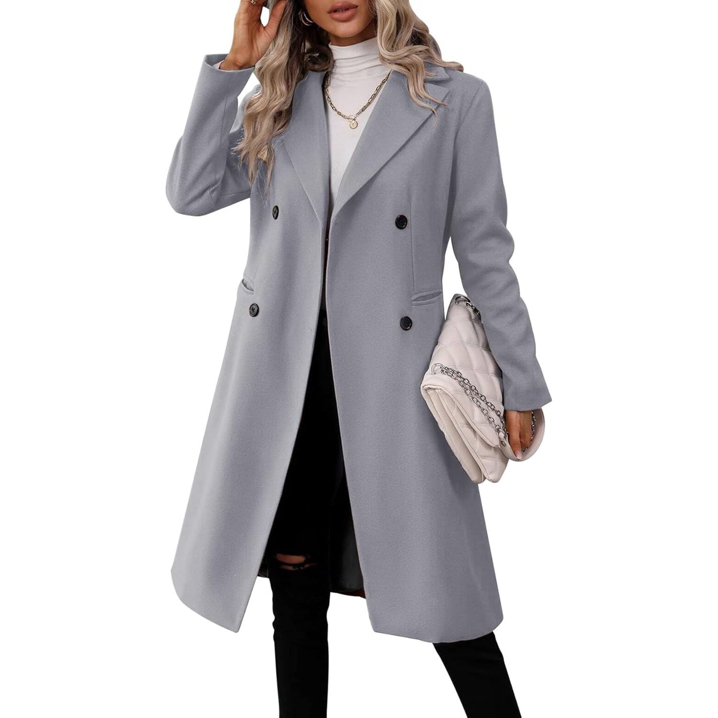Womens Long Double Breasted Coats Lapel Collar Pea Coat Winter Slim Fit Jackets Trench Coat Outwear