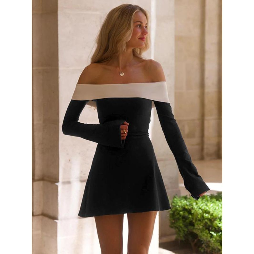 Women'S Colorblock off Shoulder a Line Dress, Elegant Fashion Long Sleeve Short Dress for Party Club Holiday, Women Dress for Spring Fall