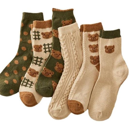 6 Pair Cute Cotton Kawaii Bear Ankle Socks - Preppy Ruffle Japanese Thick Fall Vintage Crew Socks for Women