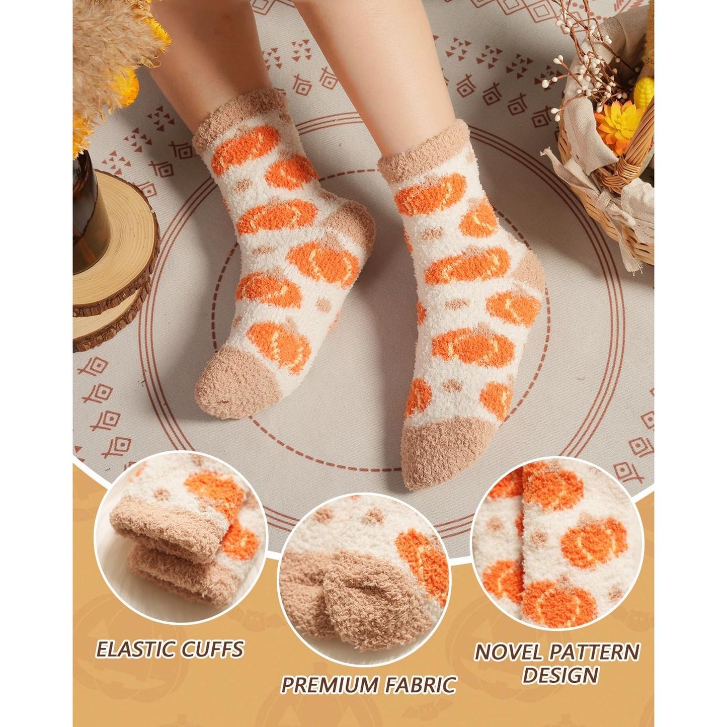 Fuzzy Socks for Women Fluffy Cozy Slipper Socks Fall Halloween Socks Gifts Pumpkin Slippers