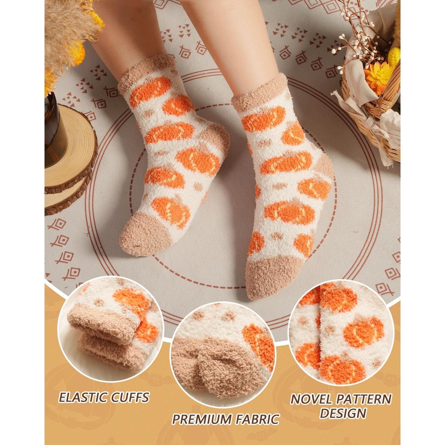 Fuzzy Socks for Women Fluffy Cozy Slipper Socks Fall Halloween Socks Gifts Pumpkin Slippers