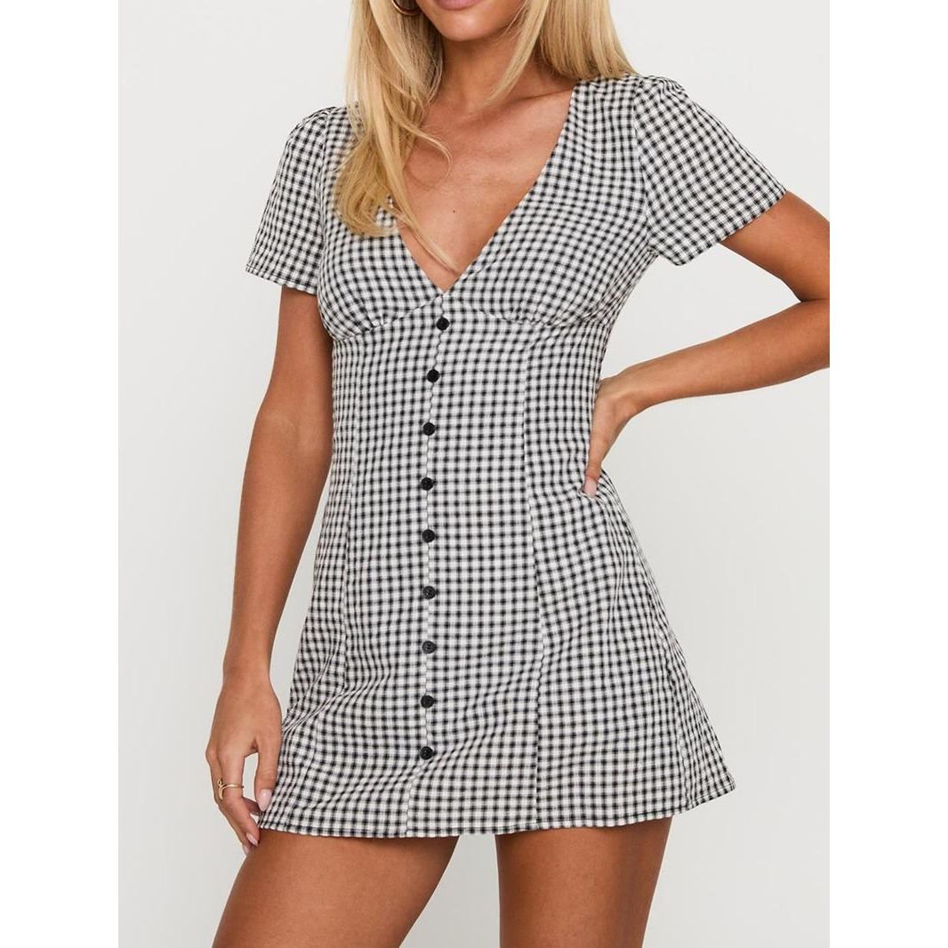 Women's Plaid Print V Neck Shirt Dress, Casual Short Sleeve Button Dress for Daily Wear, Ladies Clothes for All Seasons