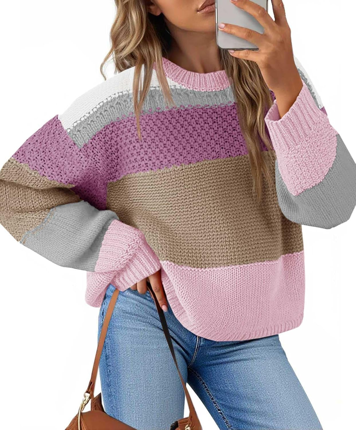 Womens Color Block Cropped Sweaters 2025 Winter Trendy Casual Oversized Y2K Going Out Striped Pullover Tops
