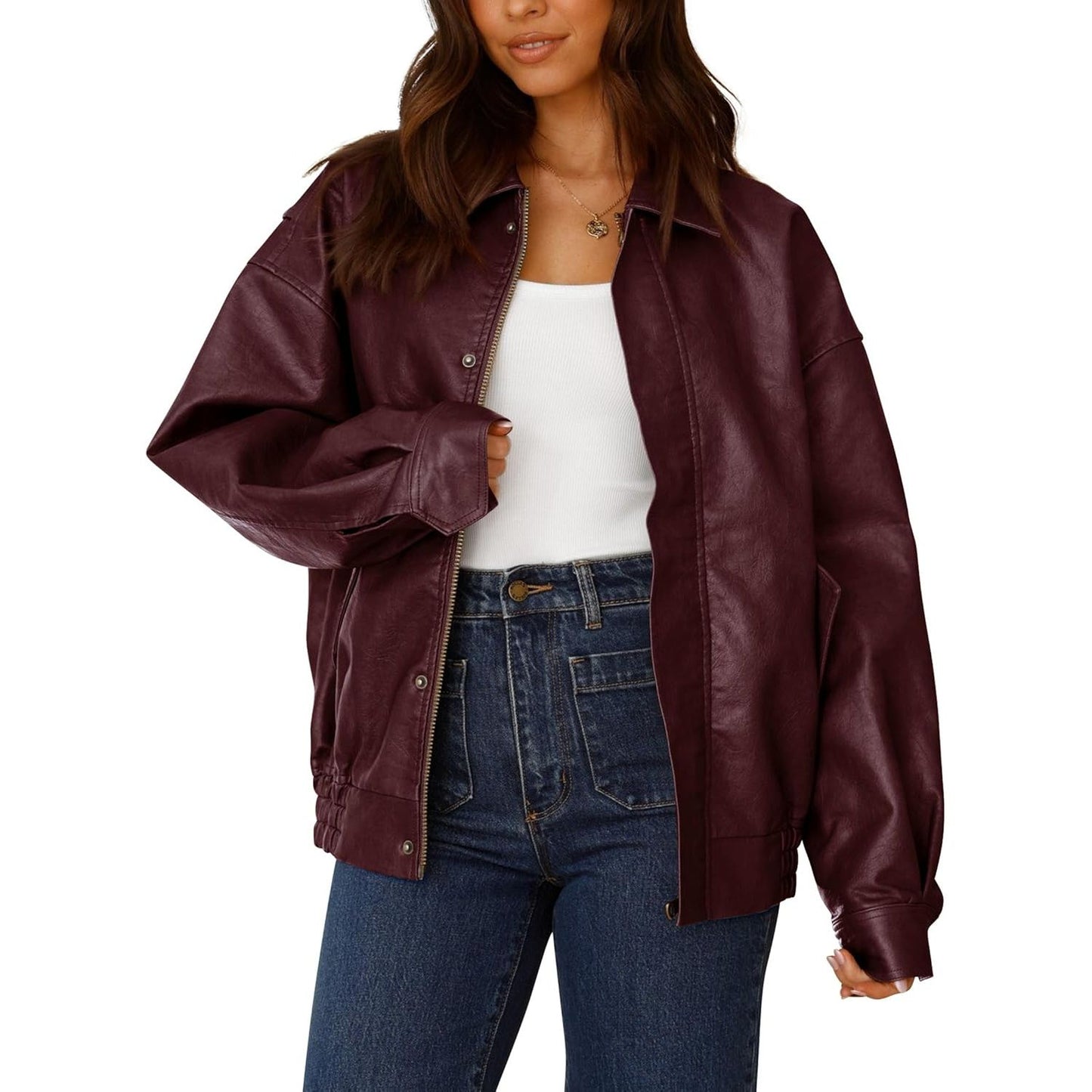 Women'S Faux Leather Motorcycle Jacket Trendy Fall Spring Clothes Oversized Zip up Winter Coat Outerwear