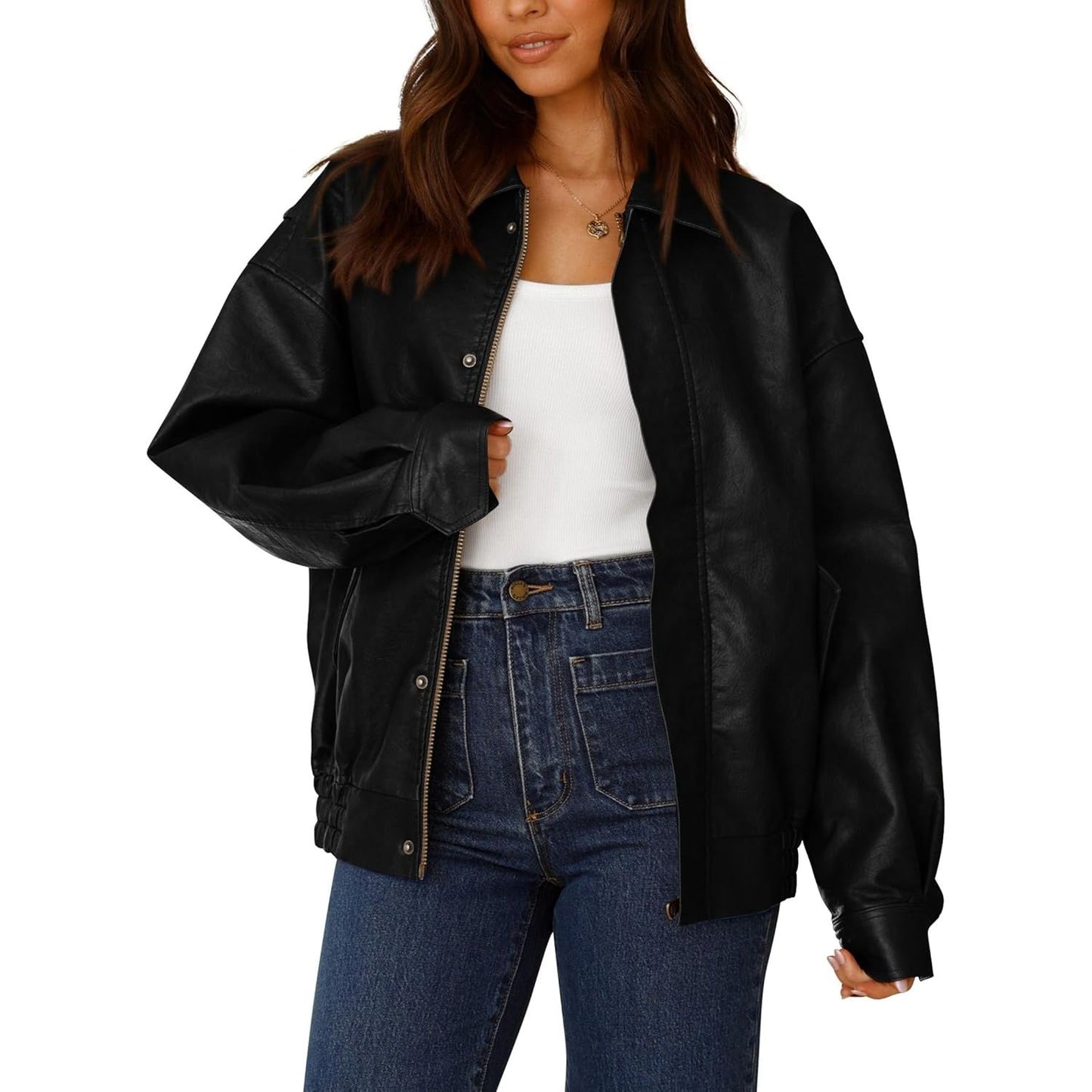 Women'S Faux Leather Motorcycle Jacket Trendy Fall Spring Clothes Oversized Zip up Winter Coat Outerwear