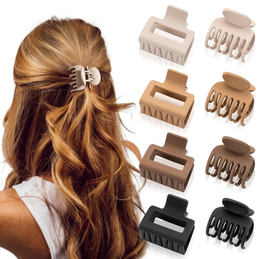 Matte Hair Clips for Women and Girls - Rectangle and Double Row Small Claw Clips for Thin/Medium Fine Hair - Nonslip Jaw Clips (Beige, Khaki, Brown, Black)