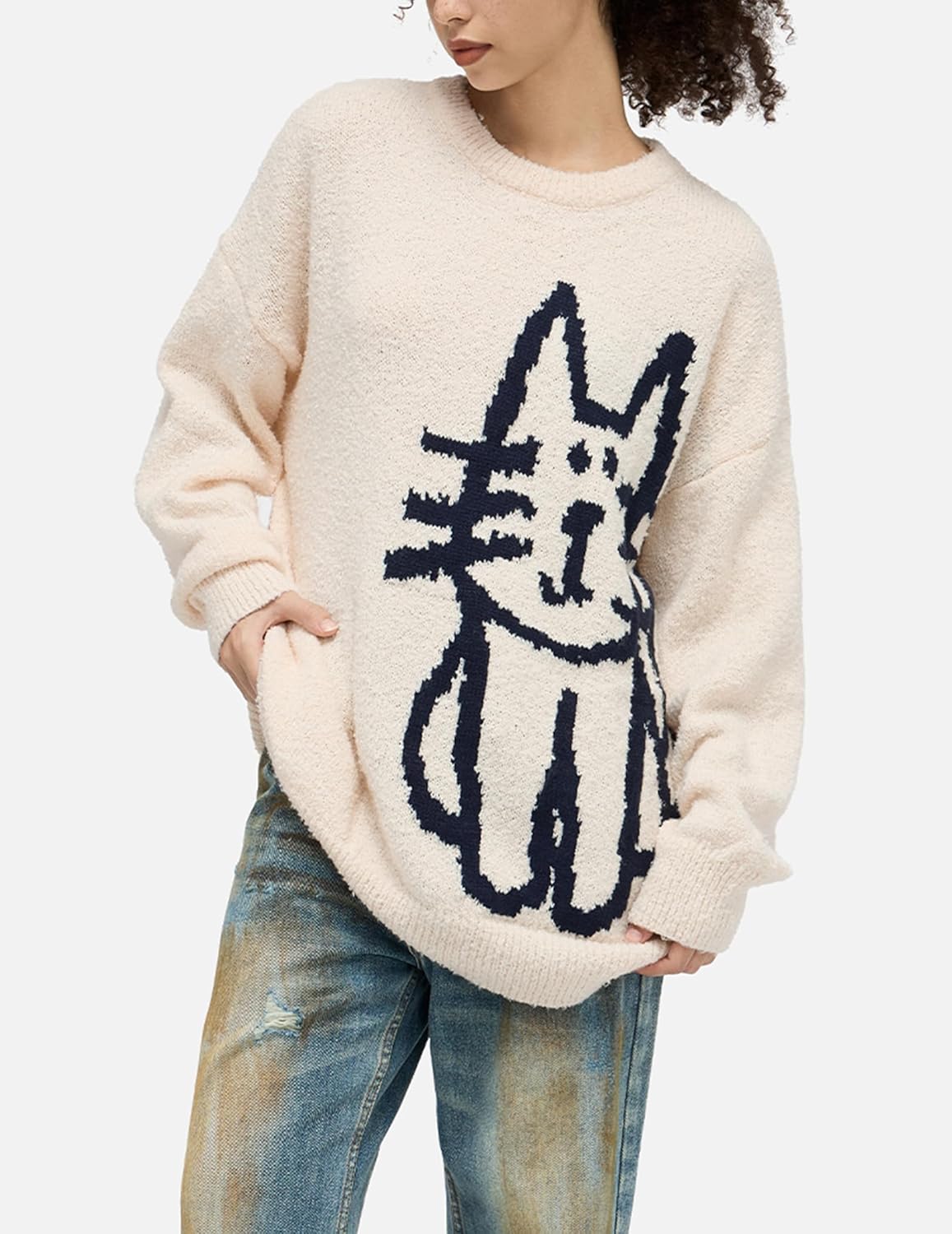 Women'S Pullover Sweater Hand Drawn Cat Graphic Printed Oversized Sweater Fall Winter Fashion Couple Tops