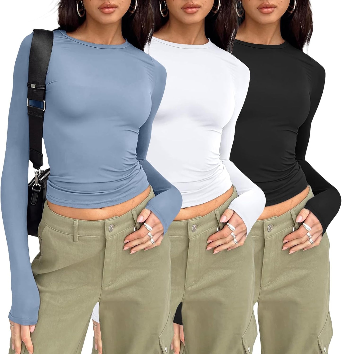 3 Pack Womens Long Sleeve T Shirts Fall Fashion Basic Going Out Crop Tops Slim Fitted Winter Clothes 2025