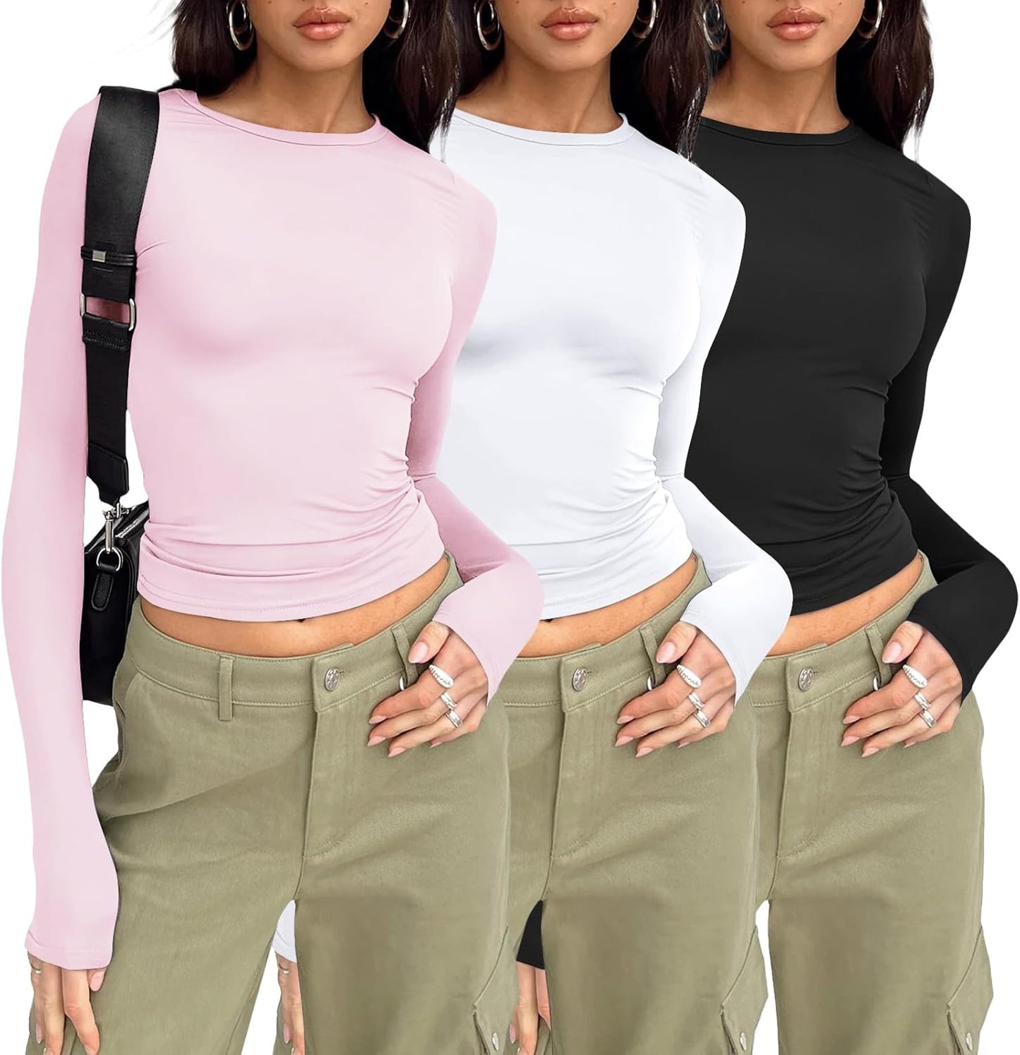 3 Pack Womens Long Sleeve T Shirts Fall Fashion Basic Going Out Crop Tops Slim Fitted Winter Clothes 2025