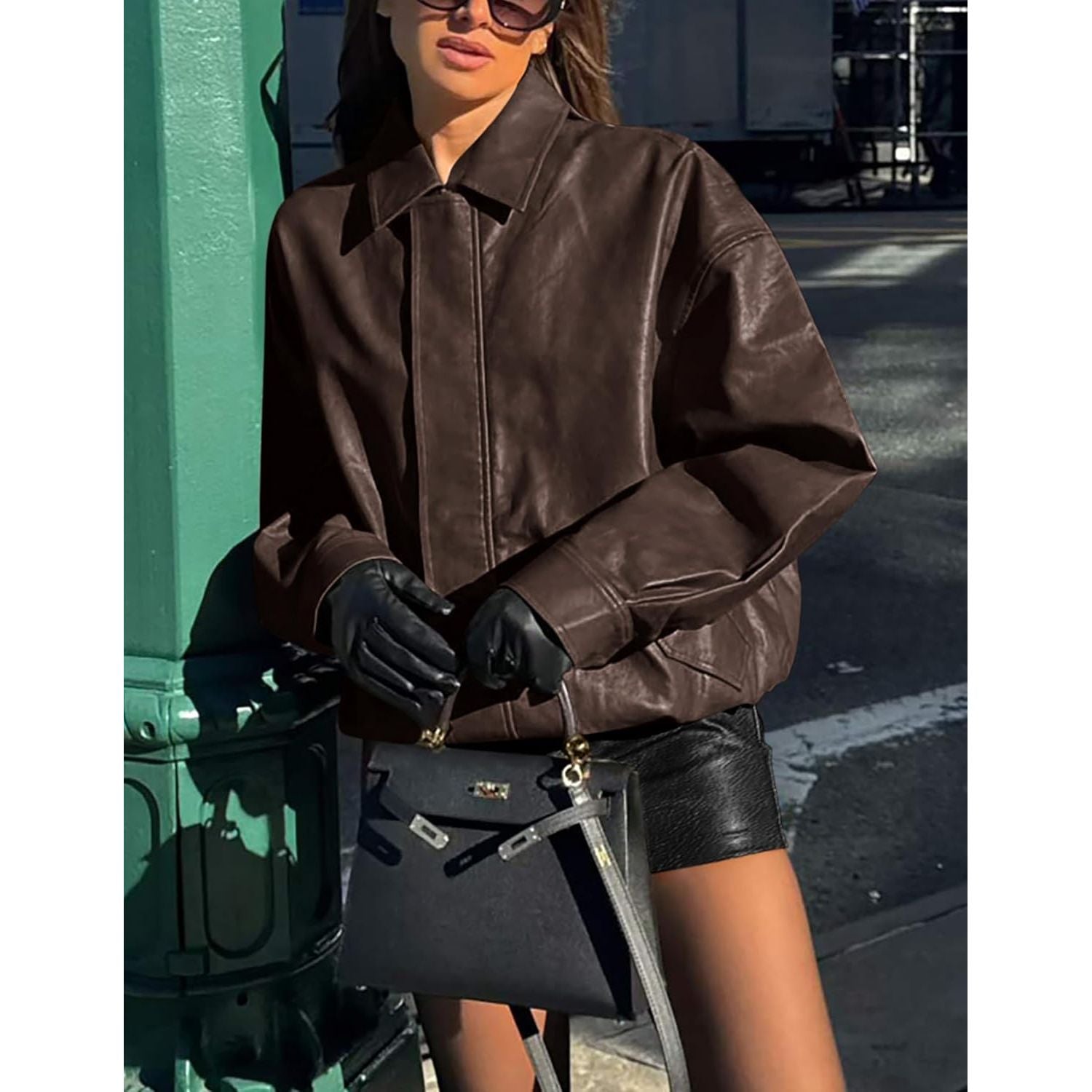 Women'S Faux Leather Motorcycle Jacket Trendy Fall Spring Clothes Oversized Zip up Winter Coat Outerwear