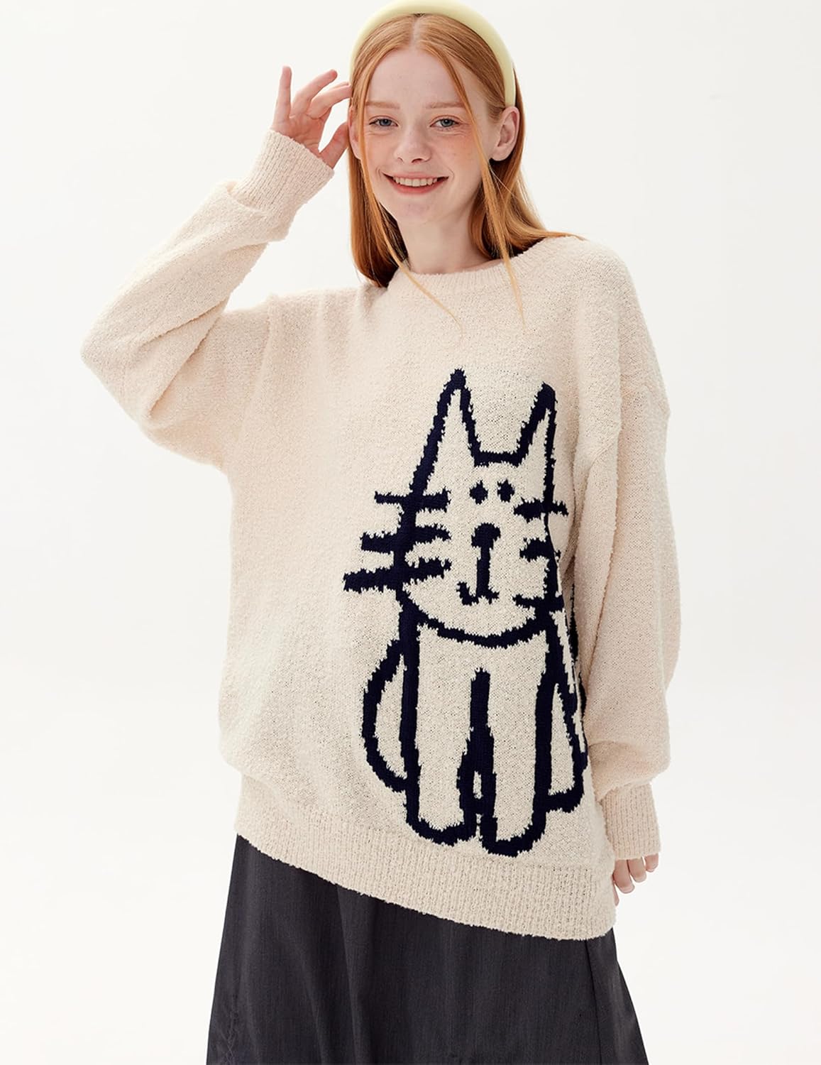Women'S Pullover Sweater Hand Drawn Cat Graphic Printed Oversized Sweater Fall Winter Fashion Couple Tops