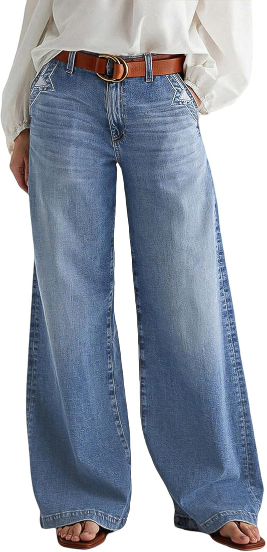 Wide Leg Jeans for Women Mid Waist Baggy Stitch Decor Denim Washed Pants without Belt