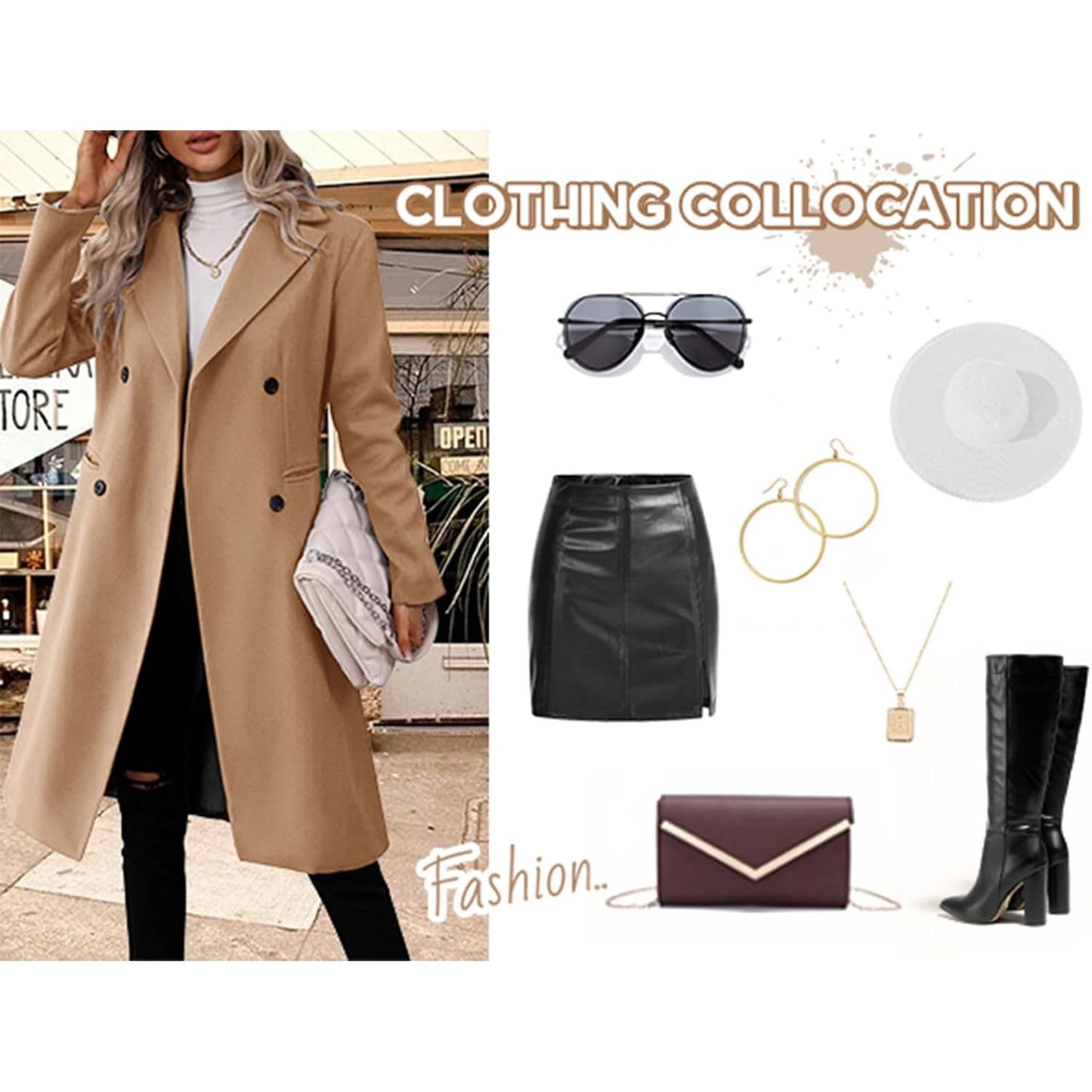 Womens Long Double Breasted Coats Lapel Collar Pea Coat Winter Slim Fit Jackets Trench Coat Outwear