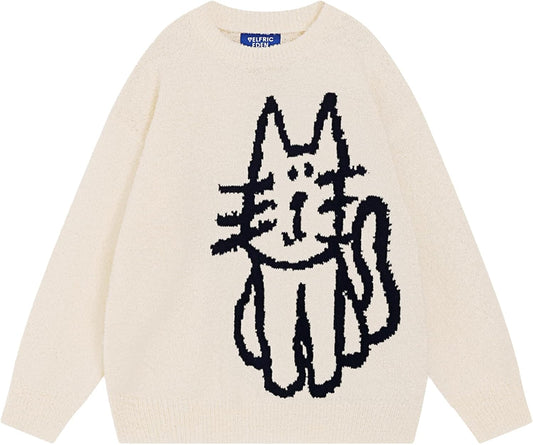 Women'S Pullover Sweater Hand Drawn Cat Graphic Printed Oversized Sweater Fall Winter Fashion Couple Tops