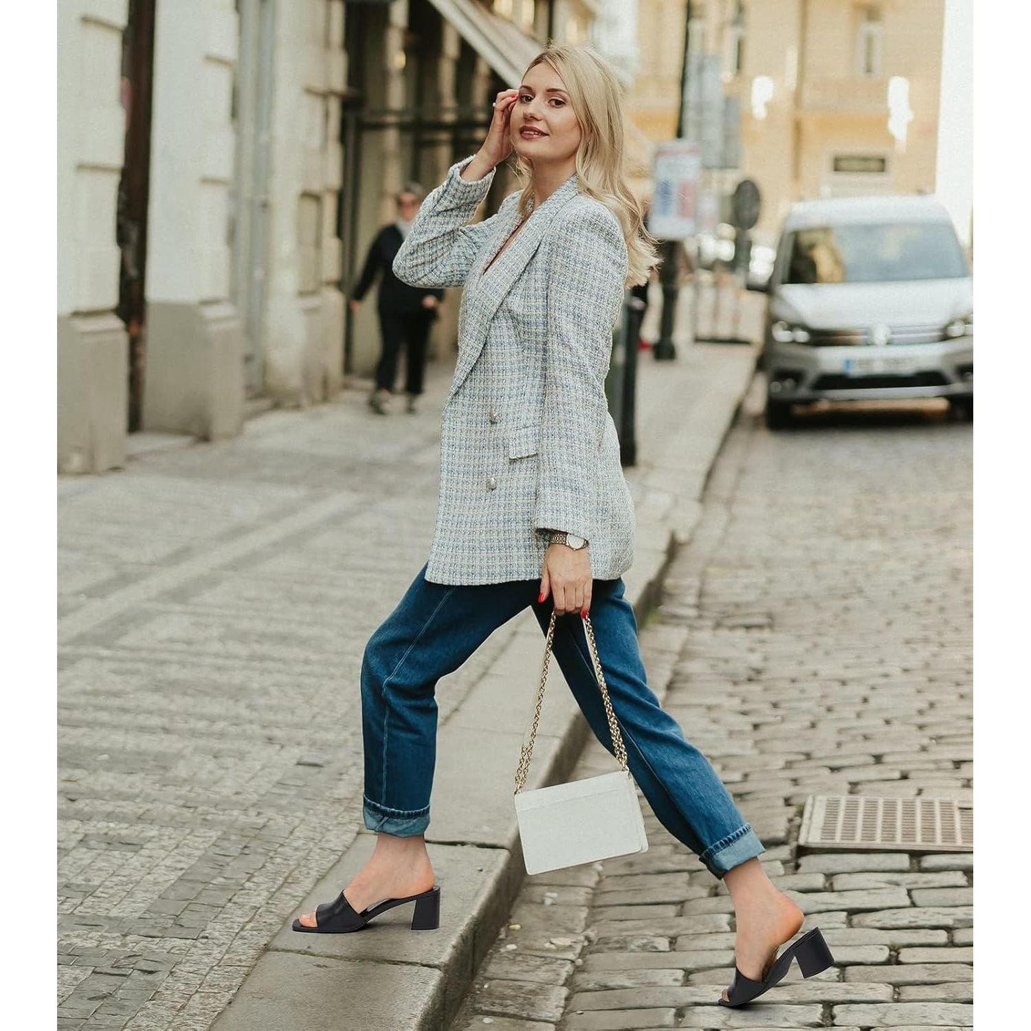 Women'S Square Open Toe Heels Sandals Low Block Chunky Heeled Sandal Slip on Mules Comfortable Casual Dress Pumps Shoes