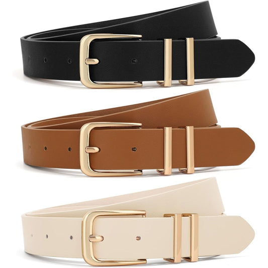 3 Pack Women Belts for Jeans Dresses Pants Ladies Leather Waist Belt with Gold Buckle