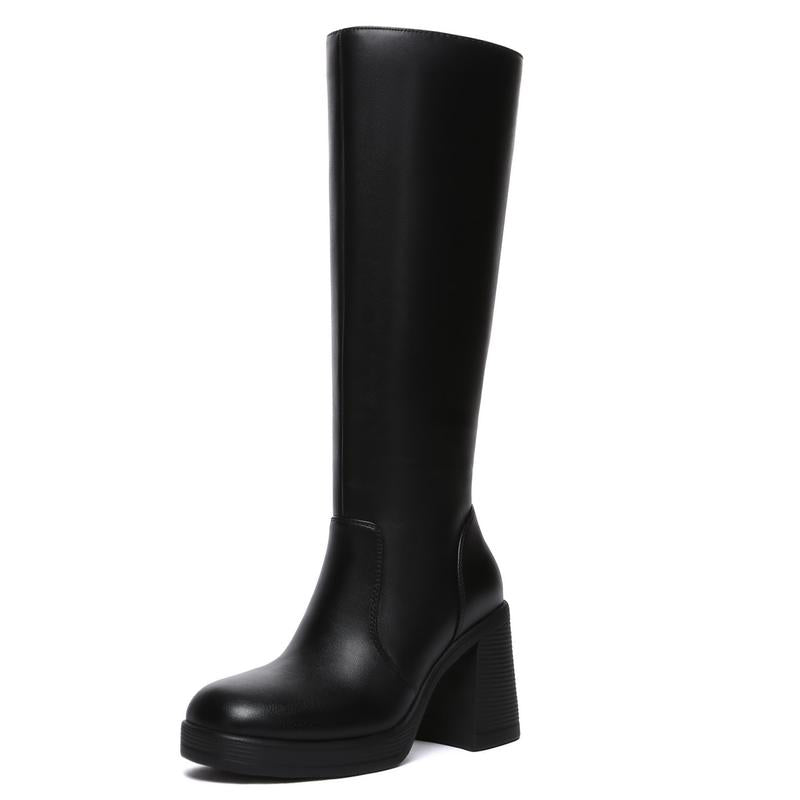 Athlefit Black Knee High Boots for Women Platform Tall Boots Fashion Square Toe Chunky Heeled Booties