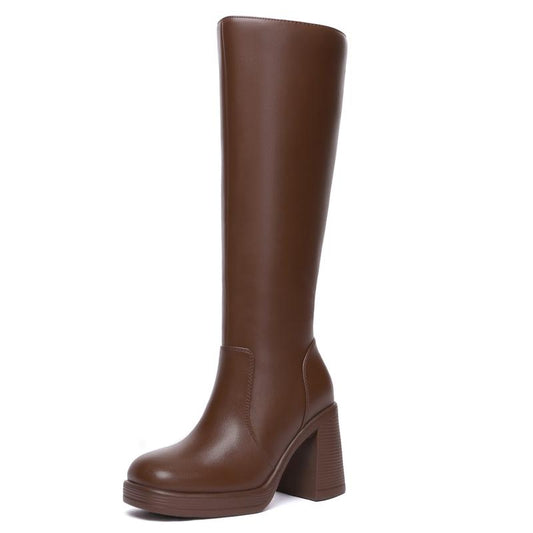 Athlefit Black Knee High Boots for Women Platform Tall Boots Fashion Square Toe Chunky Heeled Booties