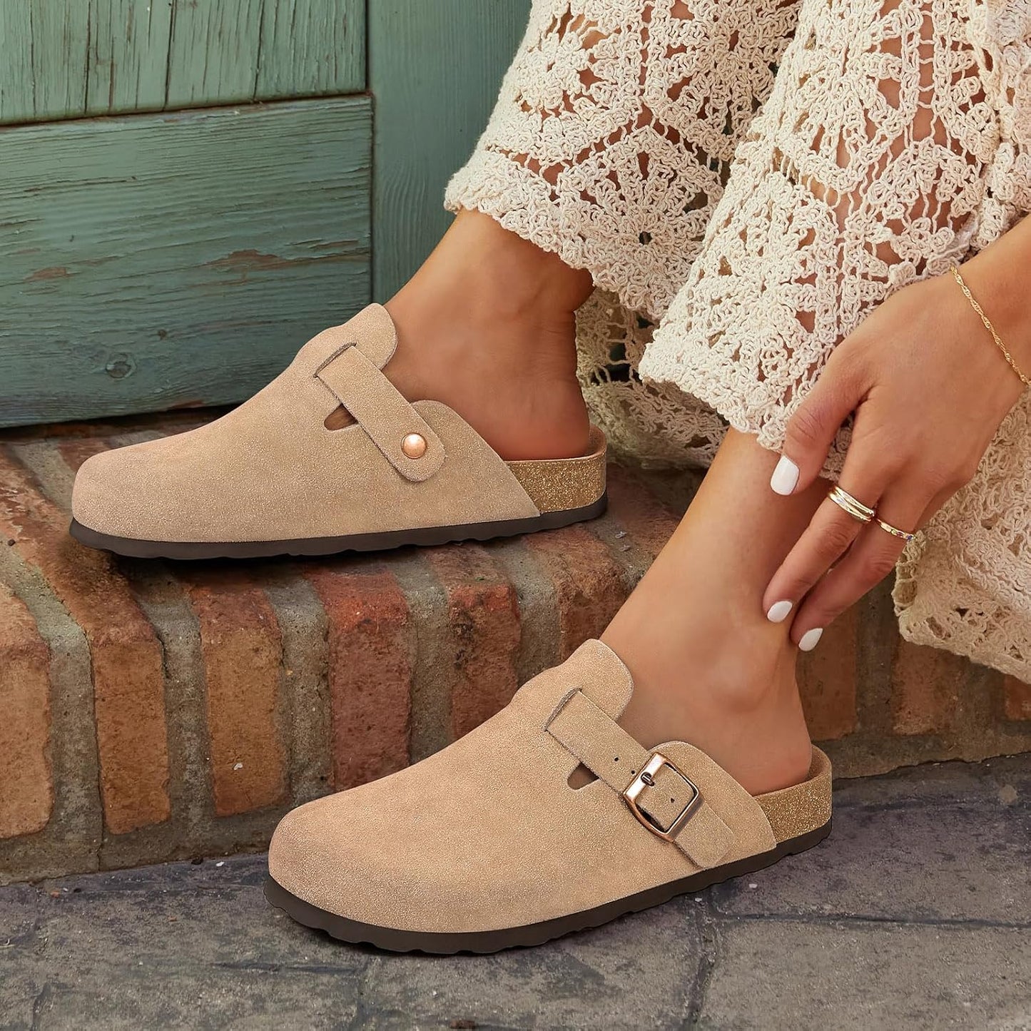 Women'S Suede Clogs Leather Mules Arch Support Potato Shoes with Comfort Cork Footbed