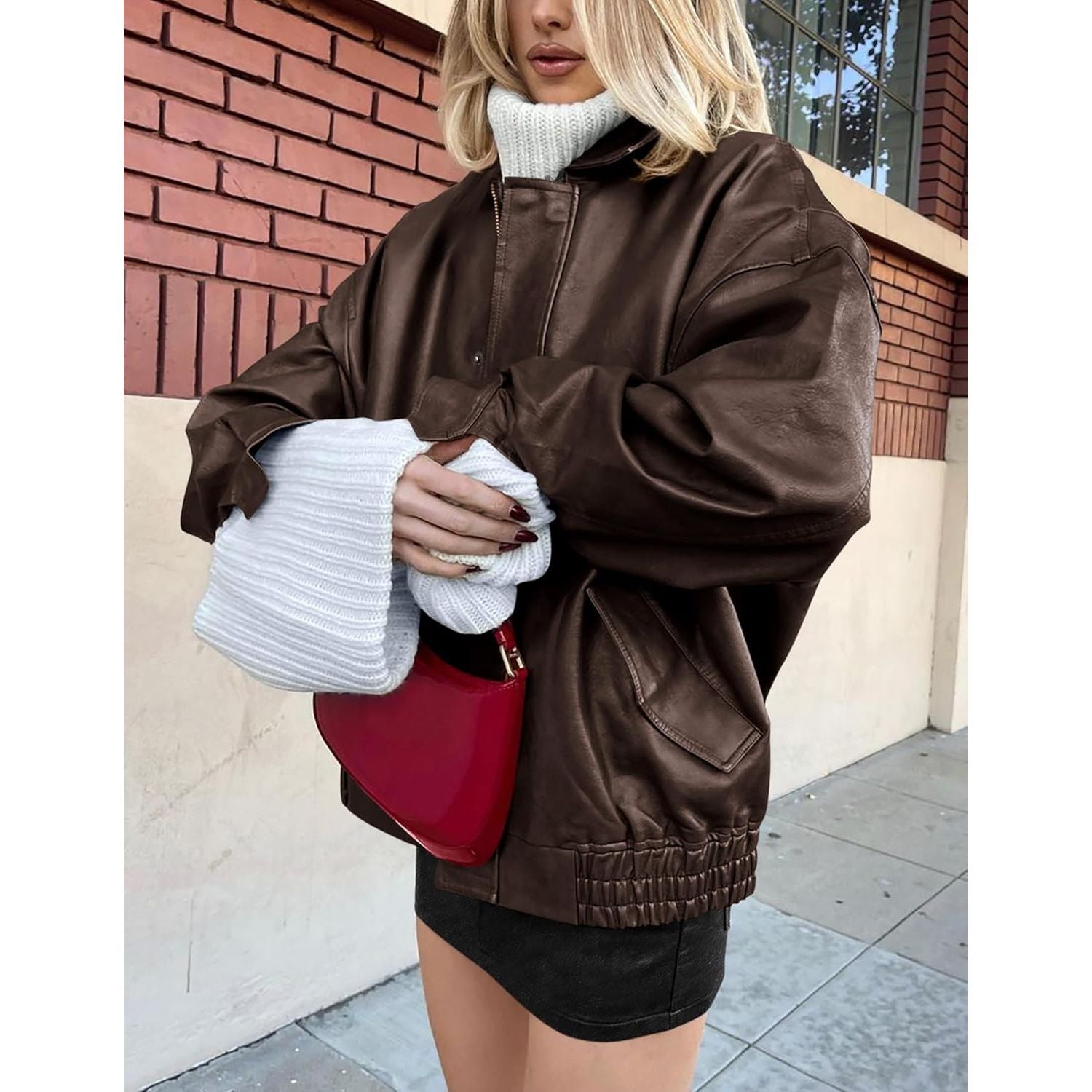 Women'S Faux Leather Motorcycle Jacket Trendy Fall Spring Clothes Oversized Zip up Winter Coat Outerwear