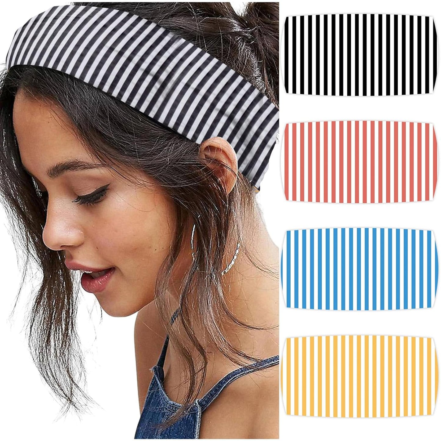 4Pcs Striped Headbands for Women Wide Head Bands for Women'S Hair Non Slip Wraps Elastic Stretchy Fashion Bandanas Workout Yoga Cute Hair Bands for Women'S Hair Accessories
