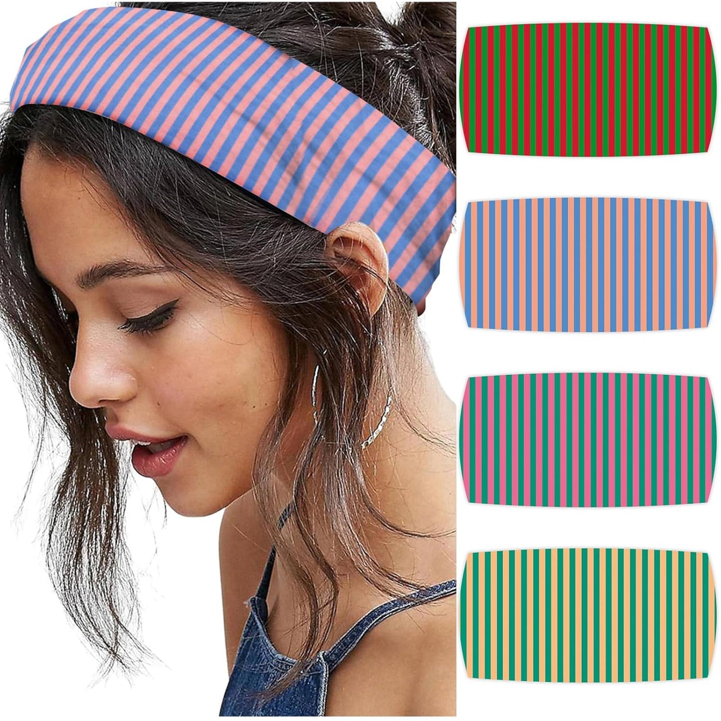 4Pcs Striped Headbands for Women Wide Head Bands for Women'S Hair Non Slip Wraps Elastic Stretchy Fashion Bandanas Workout Yoga Cute Hair Bands for Women'S Hair Accessories