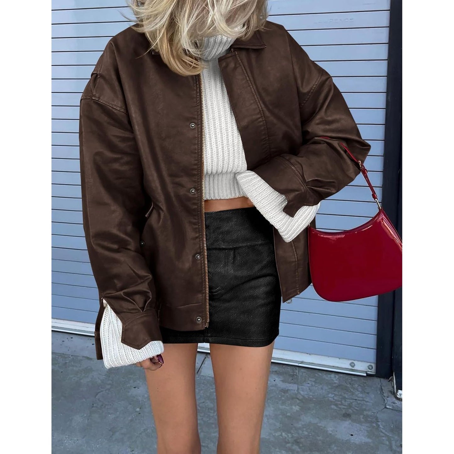 Women'S Faux Leather Motorcycle Jacket Trendy Fall Spring Clothes Oversized Zip up Winter Coat Outerwear