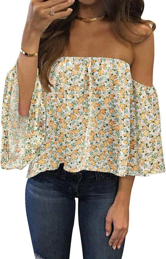 Women Summer off Shoulder Chiffon Blouse Ruffles Short Sleeves Tops Casual T Shirt