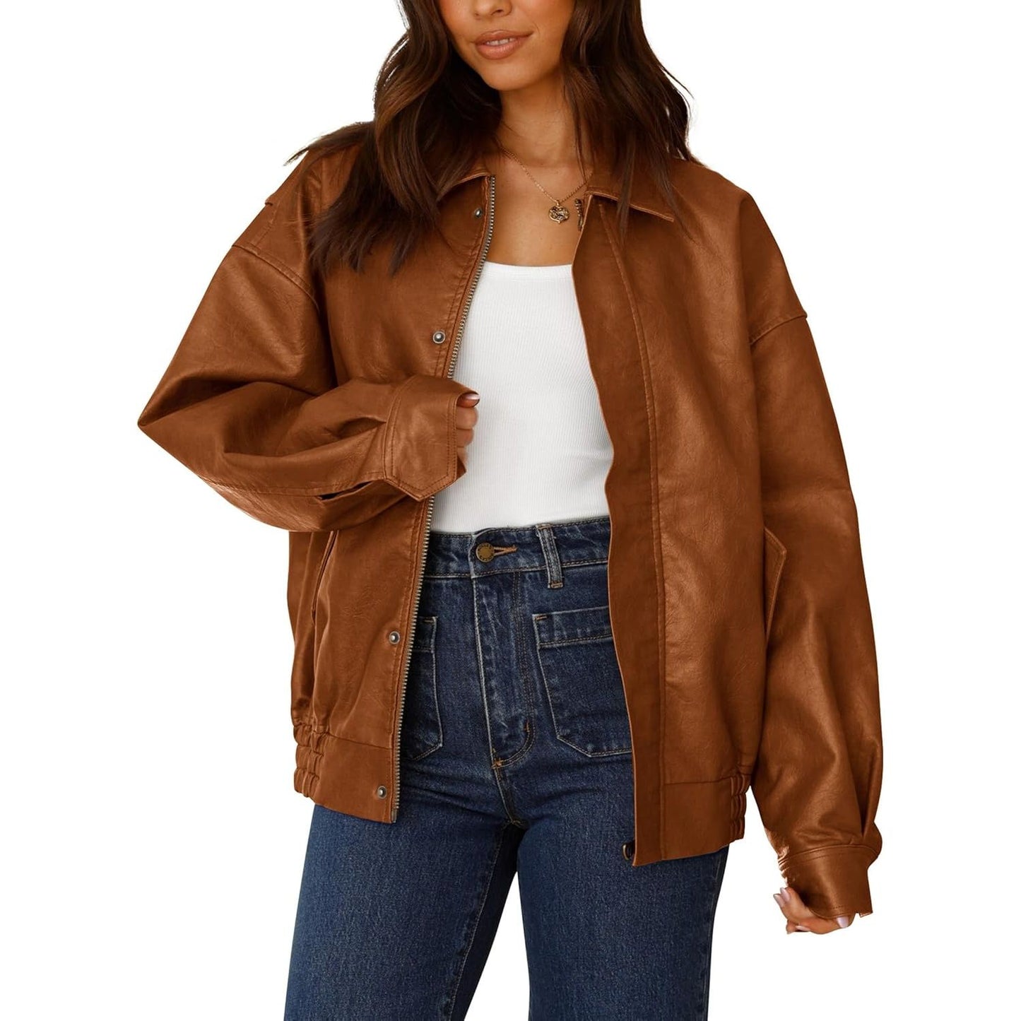 Women'S Faux Leather Motorcycle Jacket Trendy Fall Spring Clothes Oversized Zip up Winter Coat Outerwear