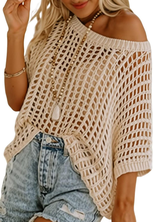 Womens Summer Scoop Neck Short Sleeve Sweater Casual Crochet Hollow Out Knit Tops Pullover Shirts Beach Coverup