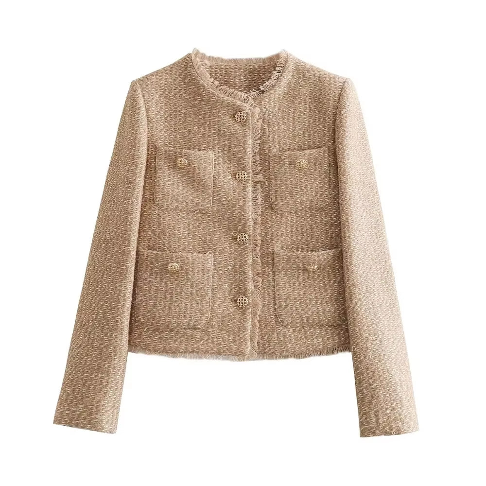 Women'S Jacket Coat Tweed Cropped Jacket New in Outerwears Autumn Winter Crop Jacket Woman Long Sleeve Elegant Short Coats