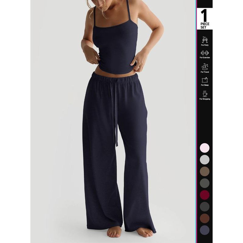 Women'S Solid Cami Top & Wide Leg Pants Lounge Set, Casual Comfy Pyjama Set for Women, Comfy Basic Loungewear Set for Daily Home Wear, Minimalist Pajamas, Nightwear