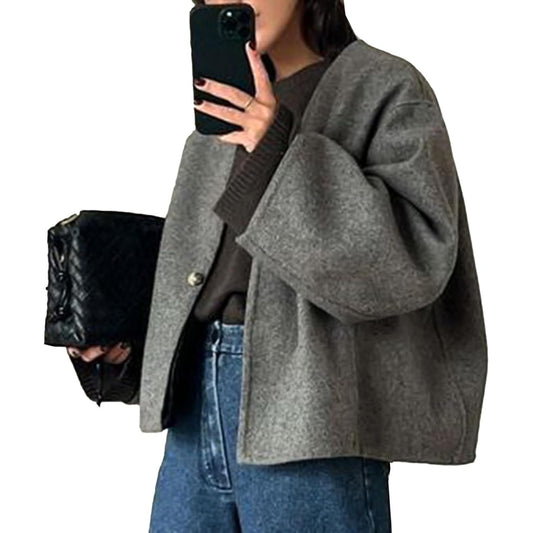 Women Cropped Wool Blend Coats Long Sleeve Coat Jacket Peacoat Fall Winter Outwear Overcoat