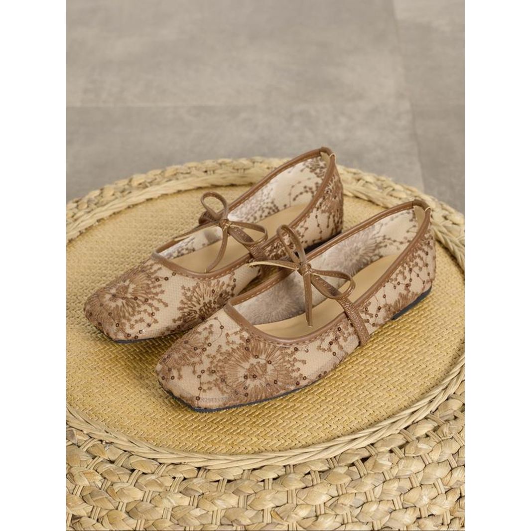 Women'S Embroidery Lace Netted Ballet Flats, Elegant Square Toe Flat Shoes for Party, Daily Clothing Decor, Lightweight Breathable Comfortable Shoes for Women & Girls, Wedding Shoes