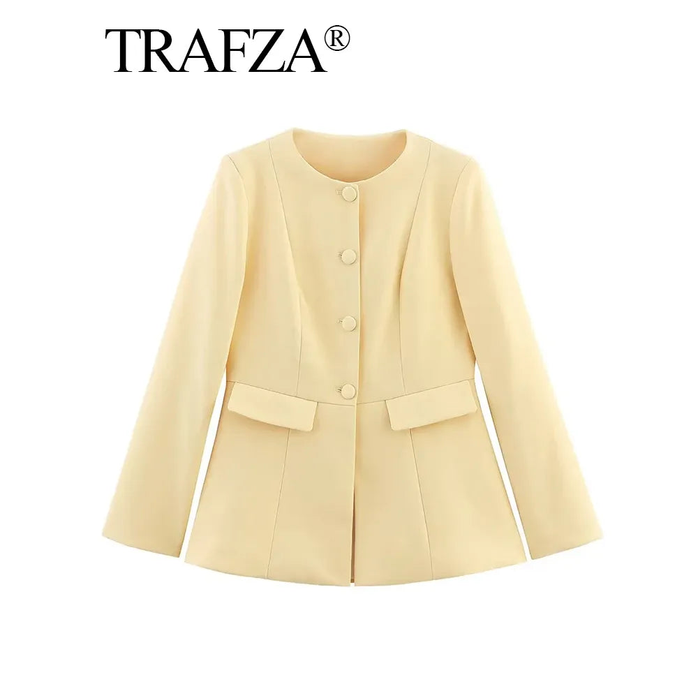 2025 Elegant Women'S Yellow Slim Blazer Jacket Female O-Neck Long Sleeve Single Breasted Suit Coat Lady Office Streetwear