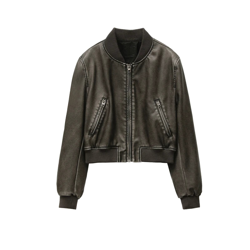Women'S New Vintage Imitation Leather Bomber Jacket Coat Top Women'S Style