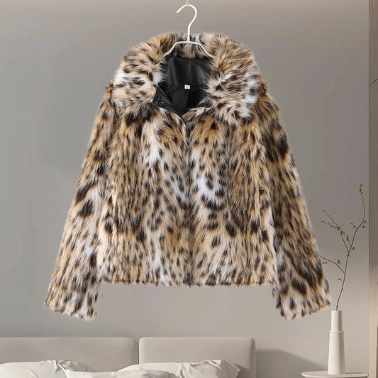 Fashion Leopard Faux Fur Coat Women Casual Lapel Single Breasted Plush Warm Overcoat 2025 Winter New Lady Cozy Print Streetwear