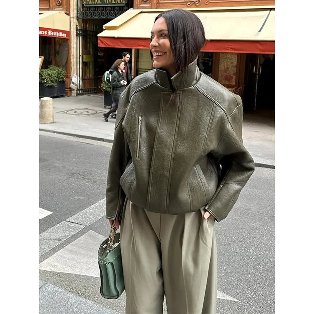 Women Army Green Leather Jacket Lady Lapel Coller Long Sleeve Zipper Loose Fashion Coat 2025 Autumn Outerwear Daily Street Coats