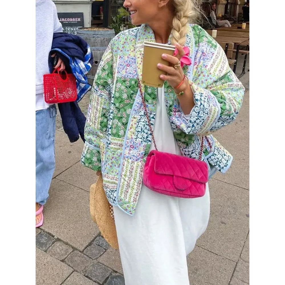 Women'S Cotton Jacket Autumn and Winter New Floral Patterns Cardigan Cotton Jacket Elegant Ladies Street Shoot Women'S