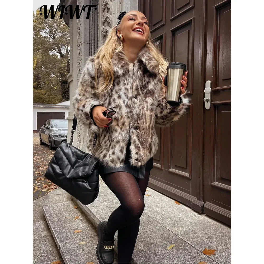 Fashion Leopard Faux Fur Coat Women Casual Lapel Single Breasted Plush Warm Overcoat 2025 Winter New Lady Cozy Print Streetwear